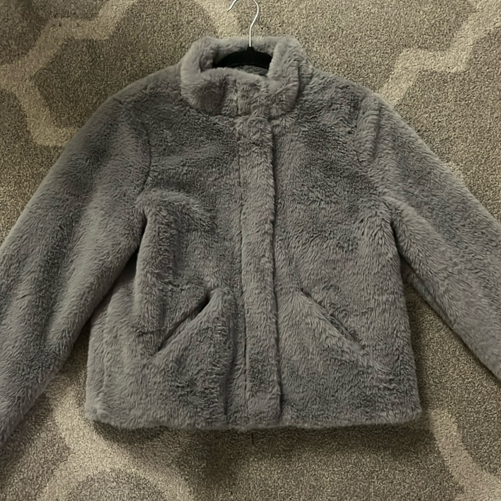 brand new grey reversible faux fur jacket with snap buttons and front pockets
